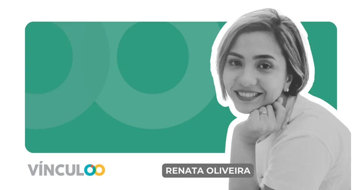 Vínculoo® card on a green background, with a black and white photo of Renata Oliveira