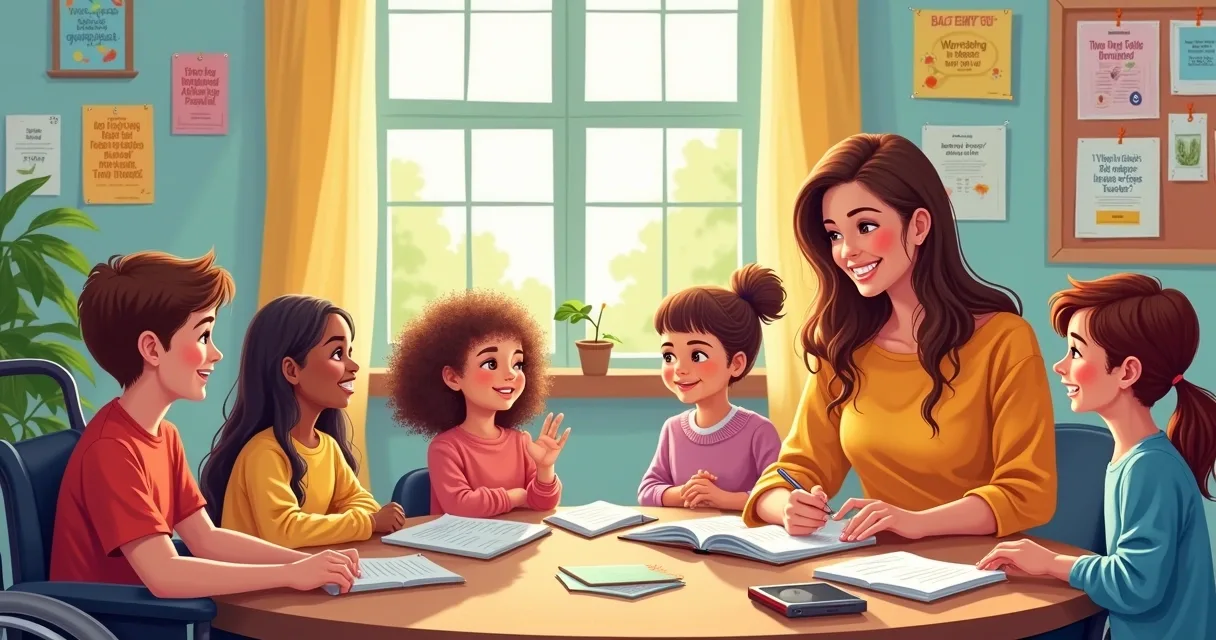 Illustration of a vibrant, welcoming special education classroom, with diverse teachers and students.