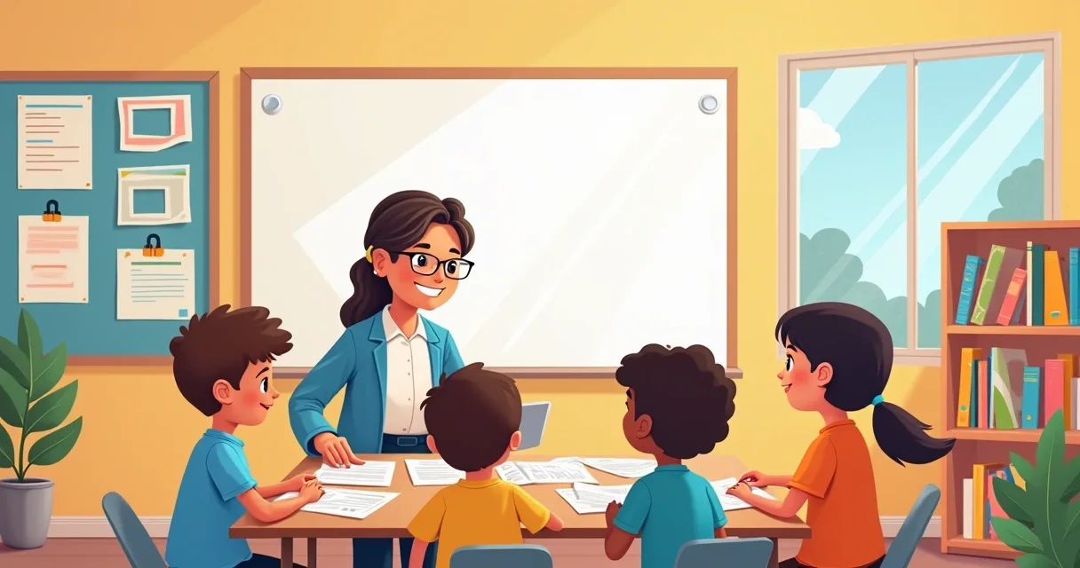 Illustration of an inclusive classroom with a teacher and students at work, assistive technology and a welcoming atmosphere.