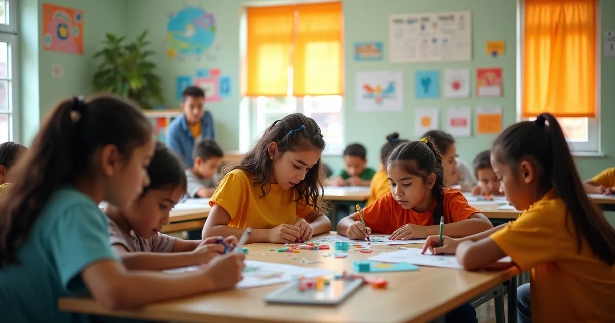 Students of various ethnicities taking part in an inclusive classroom, interacting through different educational activities.