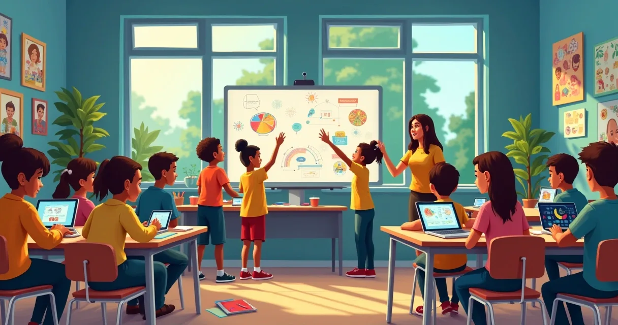 Diverse students in an interactive classroom, collaborating and learning in various ways.