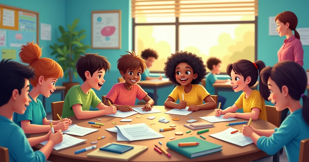 Diverse students working in a group in a colorful, welcoming classroom.
