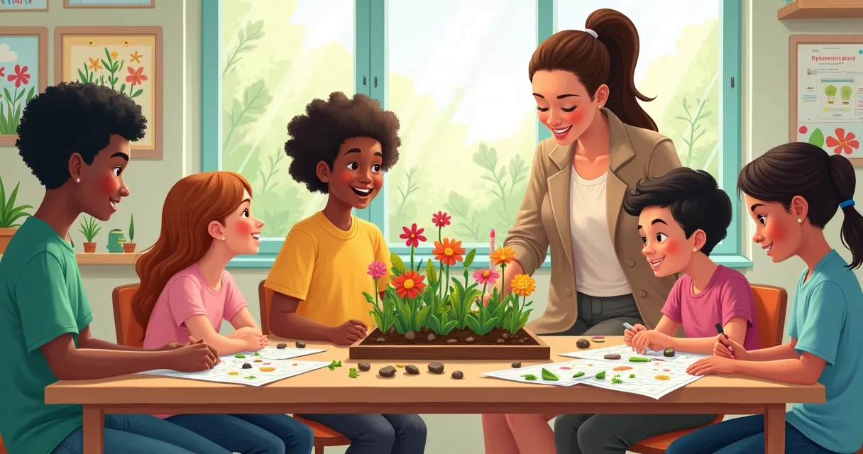 Classroom scene with students working through different pedagogical approaches and a shared garden.