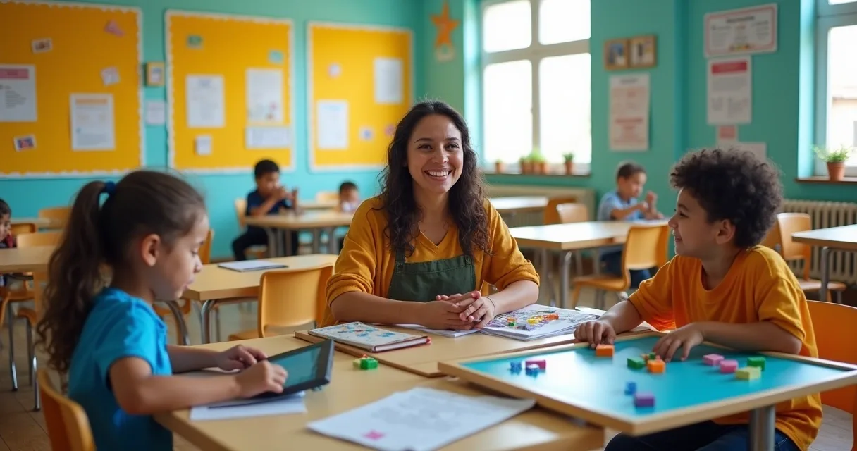 Inclusive classroom with students interacting, a teacher guiding them and varied materials on the tables.