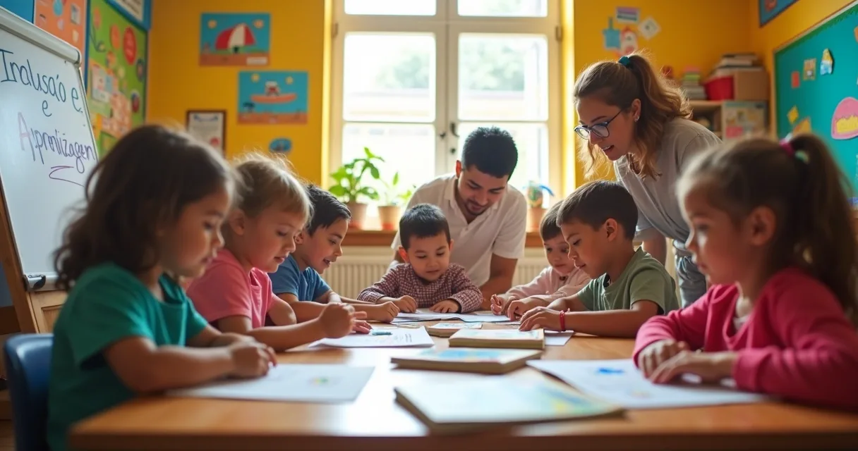 Diverse class in a classroom, encouraging inclusion and learning with adapted materials.
