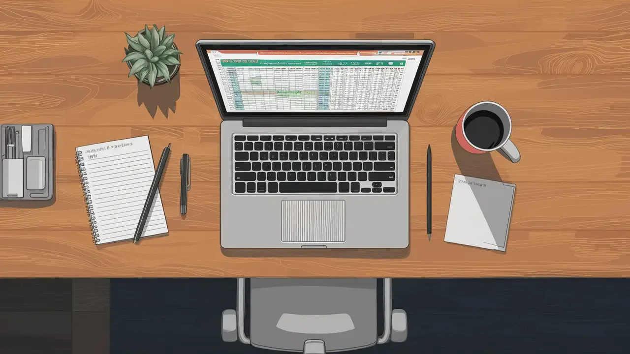 Laptop with a spreadsheet open, a coffee mug, a notepad, a pen and a plant on a wooden table with a grey chair.