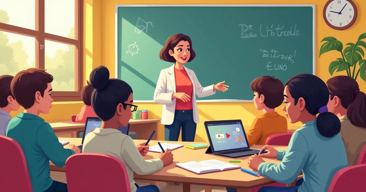 Inclusive classroom with students doing adapted activities; a teacher guiding, students with a tablet and a poster.