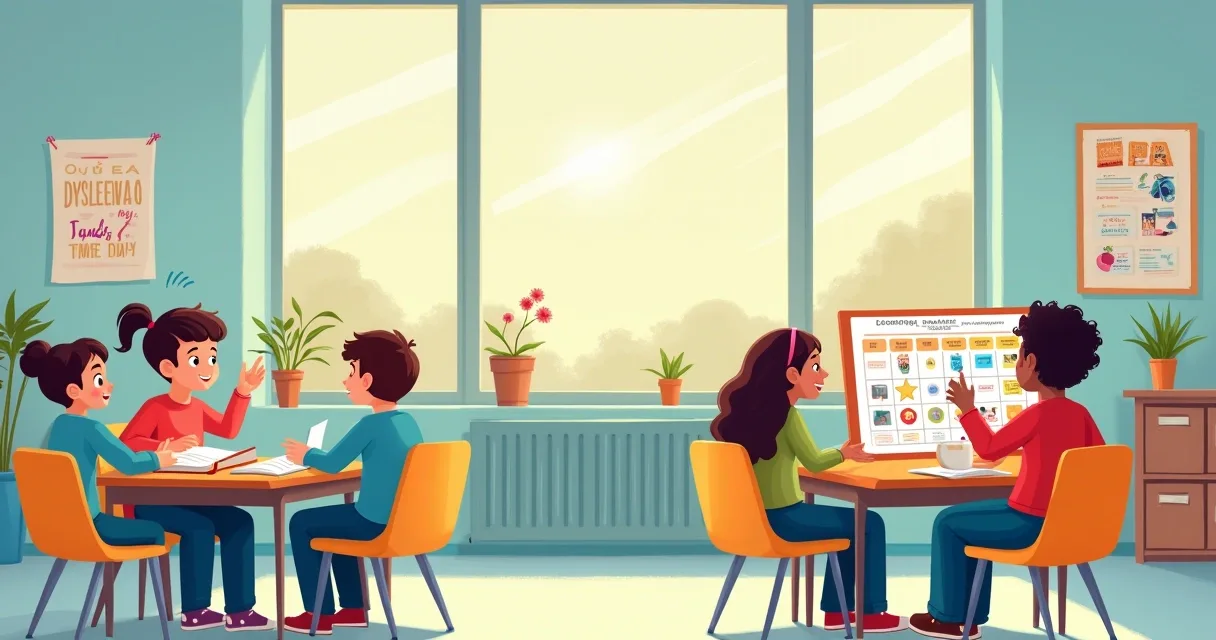 Illustration of a classroom with students using individualized education plans (PEIs) for inclusive learning.