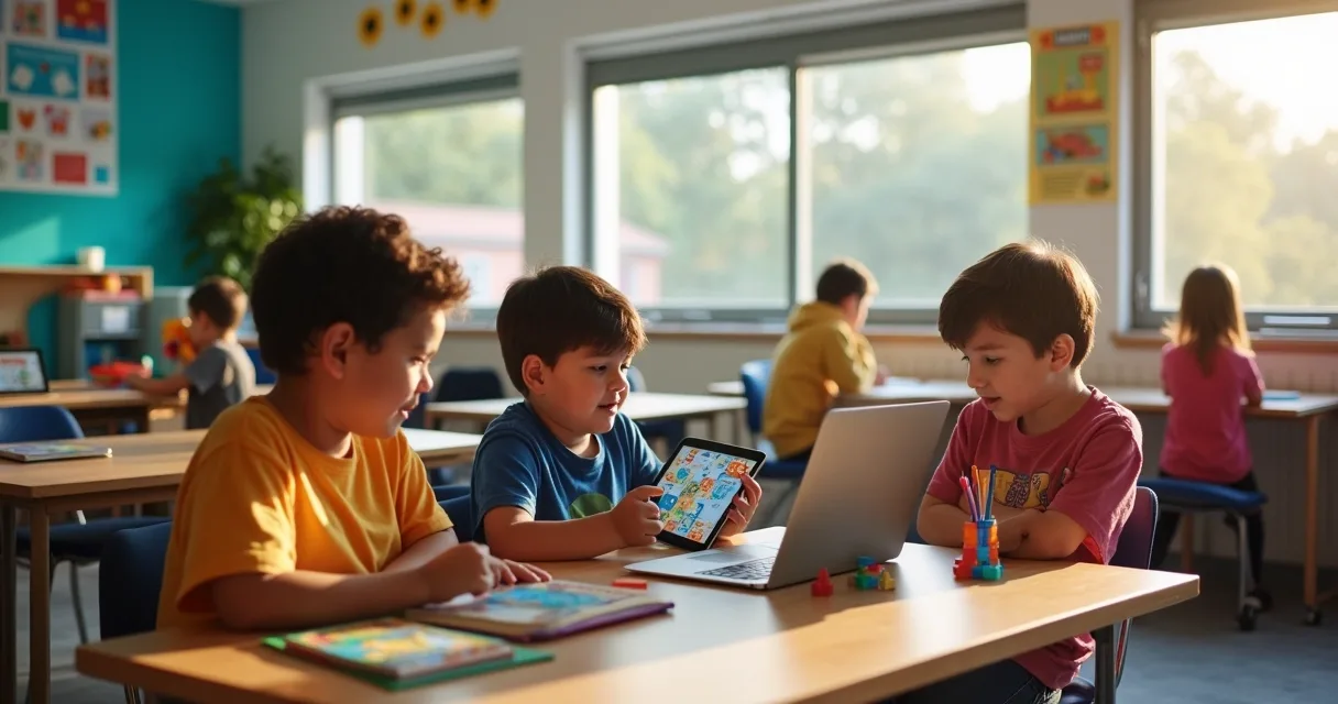 Modern classroom with students using technology, AAC boards and educational games.
