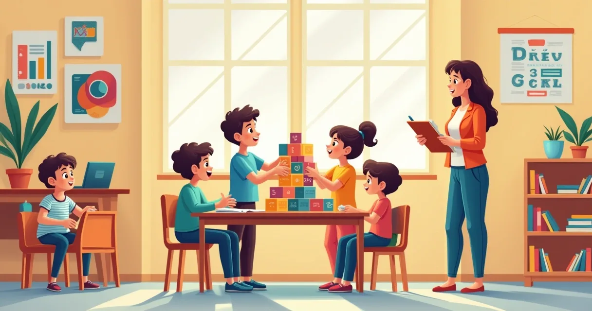 Classroom with children learning, one playing with blocks and another interacting, showing development and inclusion.