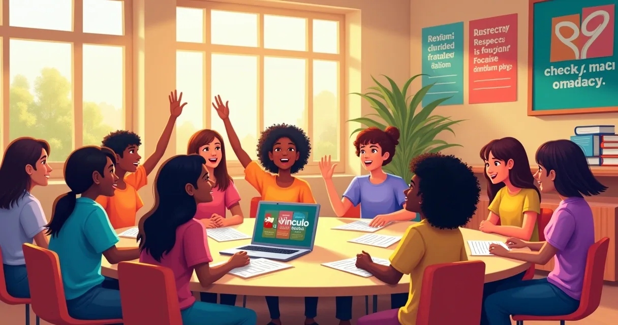 Diverse students in a classroom discussing their experiences, encouraging respect and empathy.