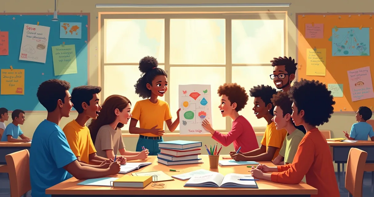 Vibrant classroom scene with students collaborating on a group project, full of interaction and joy.