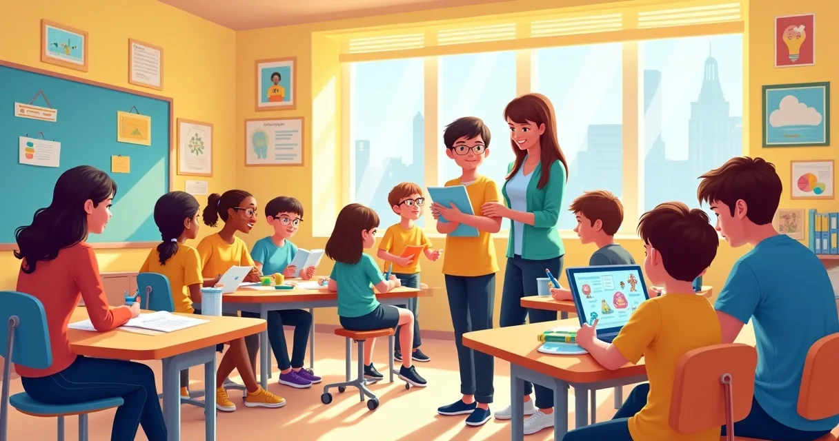 Illustration of an inclusive classroom with students involved in varied learning activities.